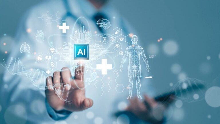 Doctor interacting with a digital AI interface displaying human body, DNA strands, and medical icons, representing artificial intelligence in healthcare and advanced medical technology.