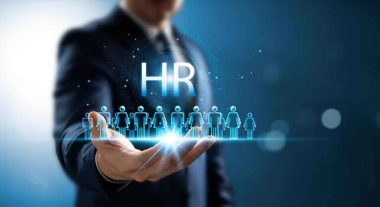 Professional representing HR management and industrial relations with a digital workforce network, highlighting employee relations, talent management, organizational development, and modern HR practices.