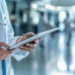 Doctor holding a tablet with a stethoscope in a hospital corridor, representing modern healthcare management and digital medical practices.