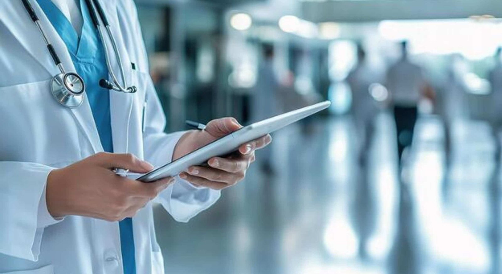 Doctor holding a tablet with a stethoscope in a hospital corridor, representing modern healthcare management and digital medical practices.