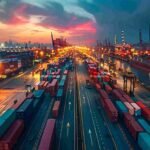 Night view of a busy container port with illuminated cranes, cargo ships, and stacked containers, showcasing continuous global logistics and supply chain operations.