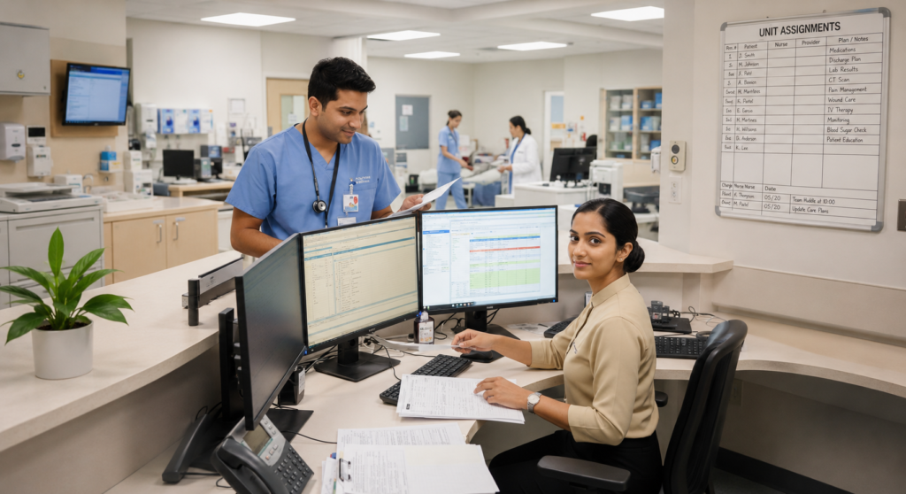 Healthcare professionals managing patient records and hospital operations, representing the Diploma in Hospital Administration with a focus on medical administration, healthcare coordination, and efficient hospital management.