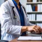 Doctor working on a laptop at a desk with a stethoscope and documents, representing healthcare administration and medical record management.