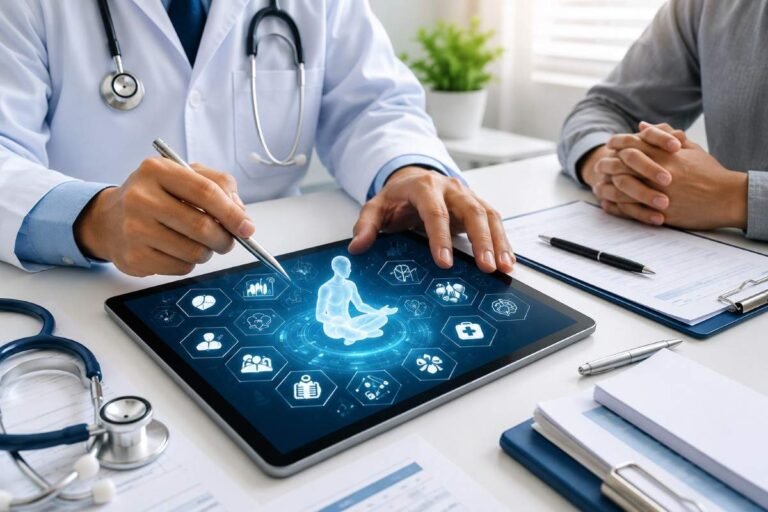 Doctor using a digital tablet displaying a virtual human model and medical icons, representing advanced healthcare technology and patient data management.