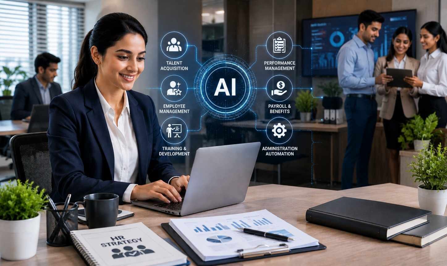 HR professional using a laptop with AI interface showing talent acquisition, employee management, payroll, and performance analytics in a modern office setting.