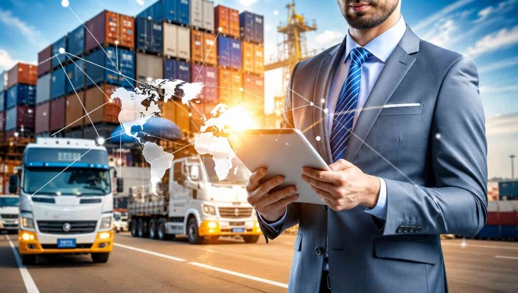 Logistics professional using a tablet with global network overlay, trucks, and shipping containers, representing best logistics in Kerala and international supply chain management operations.