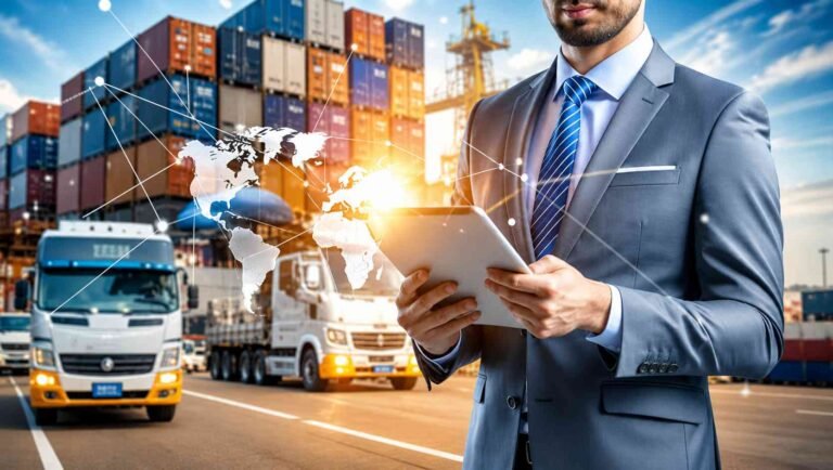Logistics professional using a tablet with global network overlay, trucks, and shipping containers, representing best logistics in Kerala and international supply chain management operations.