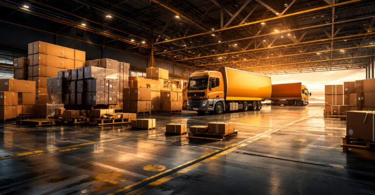 Modern warehouse with stacked boxes and trucks for delivery, representing best logistics in Kerala with efficient storage, inventory, and distribution management.