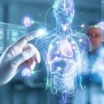 Digital human body interface with highlighted organs and medical data screens, representing advanced healthcare technology and medical innovation.