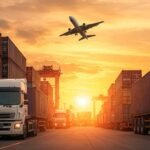 Container trucks lined up at a shipping yard during sunset with an airplane flying overhead, representing integrated logistics and global supply chain transportation.