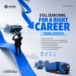 Promotional banner showing a professional looking at a cargo ship and logistics truck with text about choosing the right career in logistics, healthcare, HR, and management courses.
