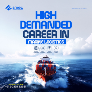 Cargo ship sailing through the ocean with stacked containers, promoting a high-demand career in marine logistics with global job opportunities.