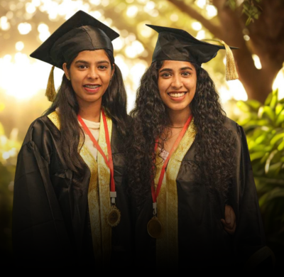Two female graduates in caps and gowns smiling with medals, celebrating their academic achievement in best logistics institute in kerala