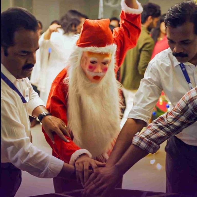Group of students and staff participating in a team activity with a person dressed as Santa Claus in the best logistics institute in kerala, highlighting collaboration and campus engagement.