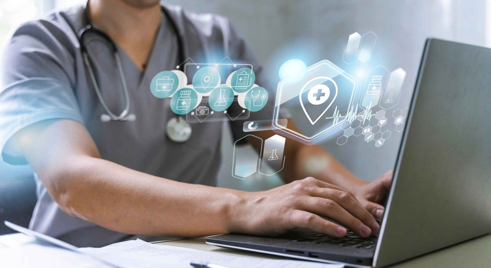 Healthcare professional using digital medical technology, demonstrating AI in Healthcare for patient care, clinical decision-making, electronic health records, diagnostics, and smart healthcare management.