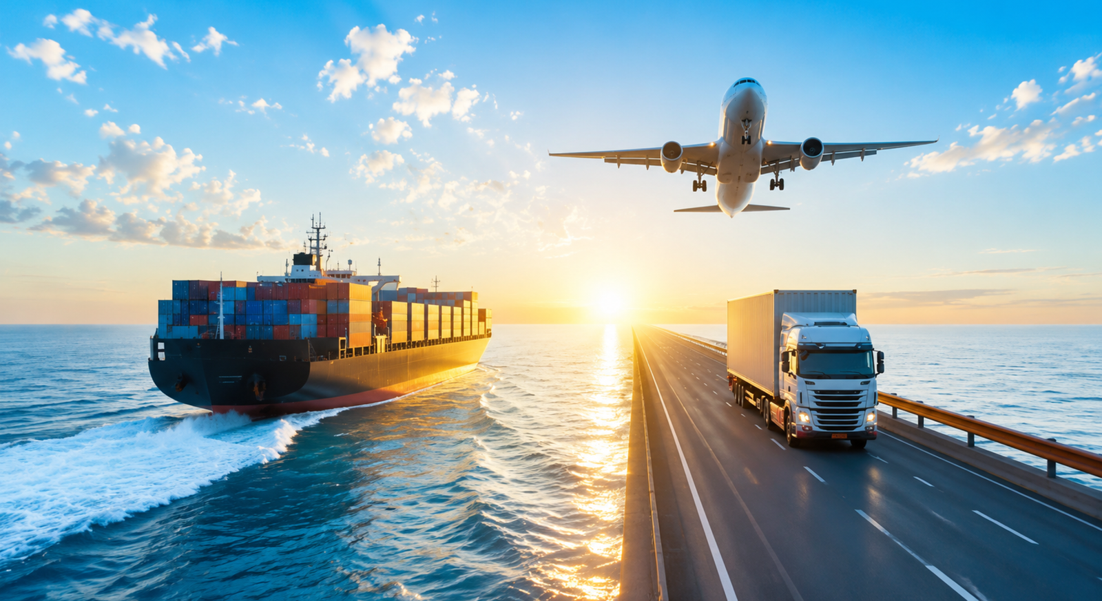 Container ship, cargo truck, and cargo aircraft transporting goods across sea, road, and air, representing Logistics and Supply Chain Management with integrated freight, transportation, and global distribution operations.
