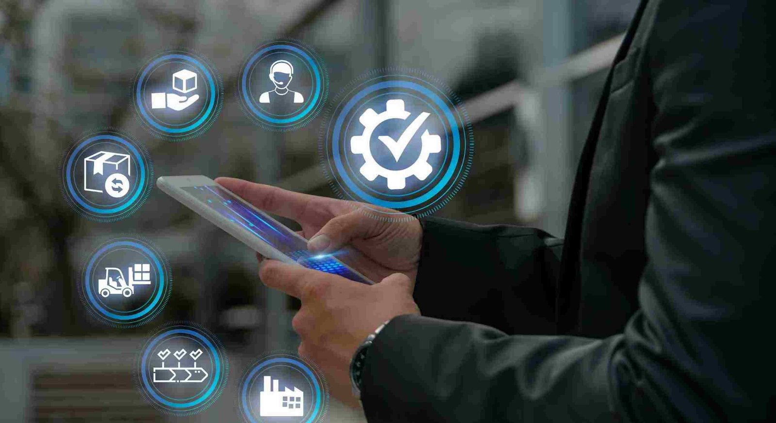 Professional using a digital supply chain platform to monitor inventory, logistics operations, and warehouse processes in supply chain management.
